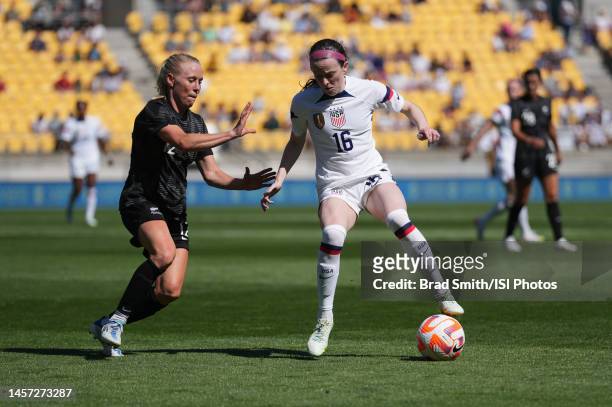 Rose Lavelle of the United States dribbles with the ball during a game between New Zealand and USWNT at Sky Stadium on January 17, 2023 in...