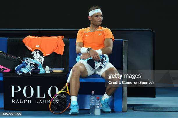 Rafael Nadal of Spain looks dejected in their round two singles match against Mackenzie McDonald of the United States during day three of the 2023...