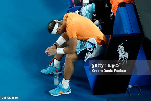 Rafael Nadal of Spain looks dejected in their round two singles match against Mackenzie McDonald of the United States during day three of the 2023...