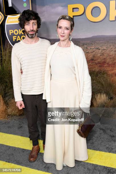 Simon Helberg and Jocelyn Towne attend the Los Angeles premiere for the Peacock original series "Poker Face" at Hollywood Legion Theater on January...