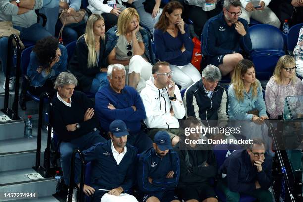 The players box of Rafael Nadal of Spain look on during the round two singles match against Mackenzie McDonald of the United States during day three...