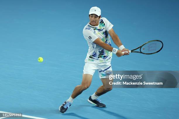 Mackenzie McDonald of the United States plays a backhand in their round two singles match against Rafael Nadal of Spain during day three of the 2023...