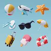 3d vector set of beach and sea, Summer Journey, Time to Travel Concept.