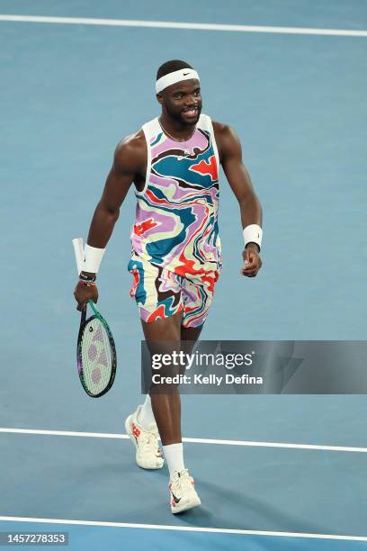 Frances Tiafoe of the United States celebrates winning set point in their round two singles match against Juncheng Shang of China during day three of...