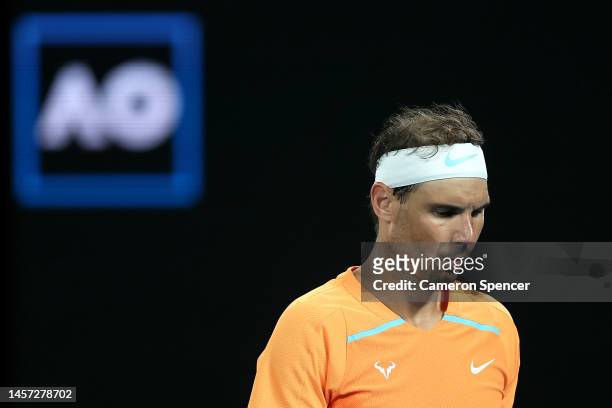 Rafael Nadal of Spain looks on in their round two singles match against Mackenzie McDonald of the United States during day three of the 2023...