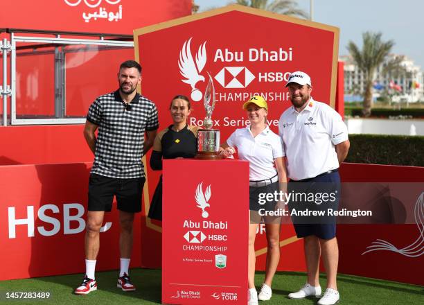 Ben Foster, former professional footballer, Hannah Mannion, Anna Jentgen and Shane Lowry of Ireland pose for a photo on the tenth tee during the...