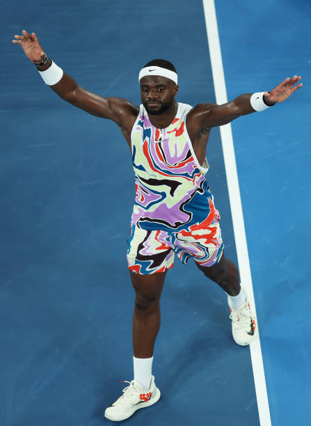 Frances Tiafoe of the United States celebrates match point in their round two singles match against Juncheng Shang of China during day three of the...