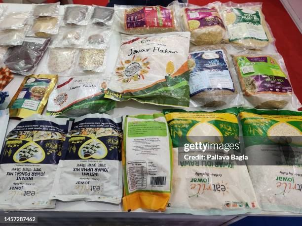 Ready made food packets and flour of millets on display at the Indian Science Congress on January 3, 2023 at Nagpur, India. Sorghum, Pearl Millets...