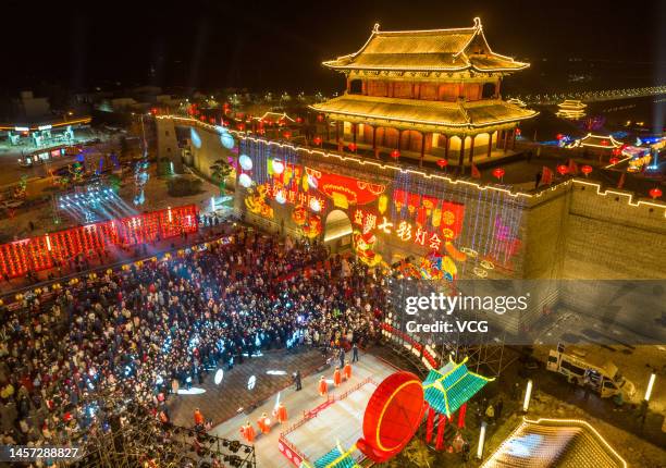 Aerial view of people visiting a lantern show at a tourist attraction ahead of the Chinese New Year, the Year of the Rabbit, on January 17, 2023 in...