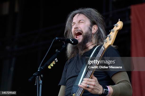 Troy Sanders of Mastodon performs on stage during Pinkpop Festival on May 27, 2012 in Landgraaf, Netherlands.