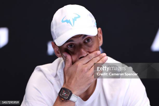 Rafael Nadal of Spain speaks to the media after losing their round two singles match against Mackenzie McDonald of the United States during day three...