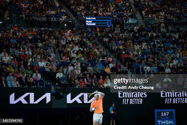 Rafael Nadal of Spain plays a forehand in the round two singles match against Mackenzie McDonald of the United States during day three of the 2023...
