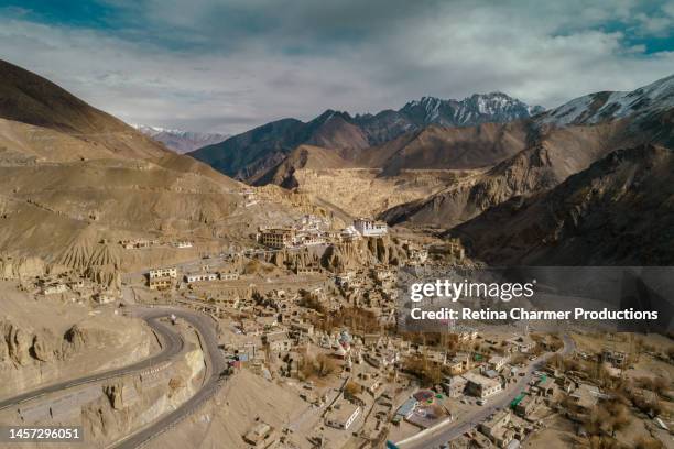 lamayuru monastery i places to see in kargil i henasku village on srinagar - leh road in ladakh region - drone stock photo - kargil district stock pictures, royalty-free photos & images