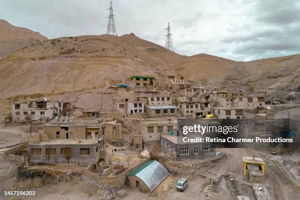 aerial video of zbayul - the invisible village i places to see in kargil i henasku village on srinagar - leh road in ladakh region - drone stock photo - kargil stock pictures, royalty-free photos & images