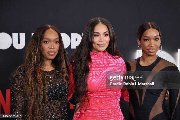 Khadijah Haqq McCray, Lauren London and Malika Haqq attend the Los Angeles Premiere of Netflix's "You People" at Regency Village Theatre on January...