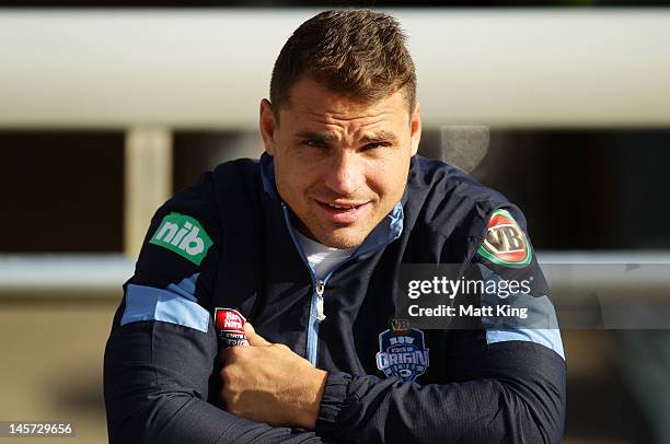 Anthony Watmough looks on as he sits out during a New South Wales Blues state of origin training session at Coogee Oval on June 5, 2012 in Sydney,...