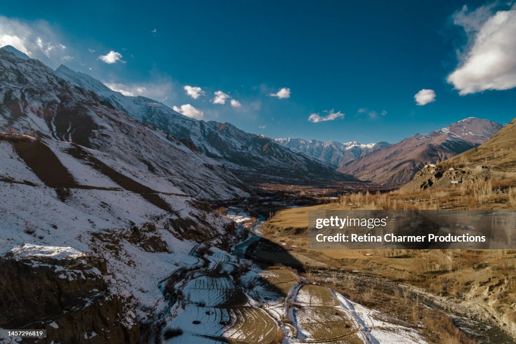 4K aerial video of Zbayul - The Invisible Village I Places to see in Kargil I Henasku Village on Srinagar - Leh road in Ladakh region - drone stock photo