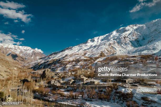 4k aerial video of zbayul - the invisible village i places to see in kargil i henasku village on srinagar - leh road in ladakh region - drone stock photo - zanskar stock pictures, royalty-free photos & images