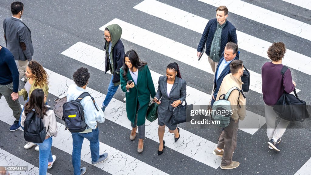 Crowd of people walking across zebra, top view