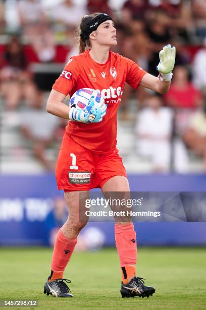 Casey Dumont of Victory controls the ball during the round 11 A-League Women's match between Western Sydney Wanderers and Melbourne Victory at...