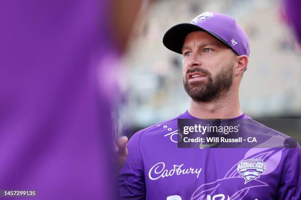 Matthew Wade of the Hurricanes addresses the huddle during the Men's Big Bash League match between the Perth Scorchers and the Hobart Hurricanes at...