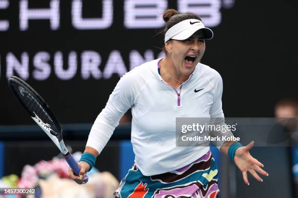 Bianca Andreescu of Canada reacts in their round two singles match against Cristina Bucsa of Spain during day three of the 2023 Australian Open at...