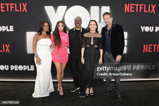 Nia Long, Lauren London, Eddie Murphy, Julia Louis-Dreyfus and David Duchovny attend the Netflix World Premiere of "YOU PEOPLE" on January 17, 2023...