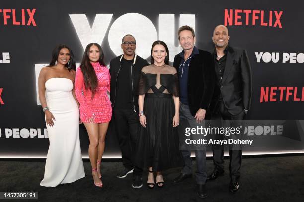 Nia Long, Lauren London, Eddie Murphy, Julia Louis-Dreyfus, David Duchovny and Kenya Barris attend the Netflix World Premiere of "YOU PEOPLE" on...