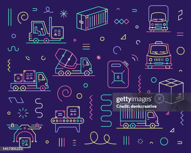 line icon set & pattern for infrastructure logistics - unloading cargo stock illustrations