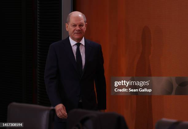 German Chancellor Olaf Scholz arrives for the weekly government cabinet meeting on January 18, 2023 in Berlin, Germany. Germany has entered 2023 with...