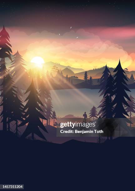 hiker near mountains and a river - fog camper stock illustrations