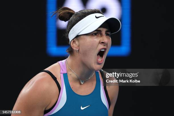 Bianca Andreescu of Canada reacts in their round two singles match against Cristina Bucsa of Spain during day three of the 2023 Australian Open at...