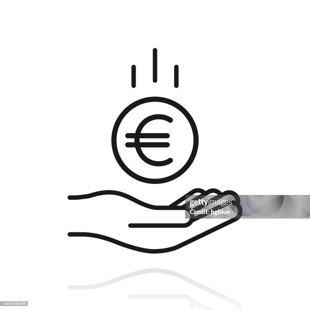 Euro coin falling in hand. Icon with reflection on white background