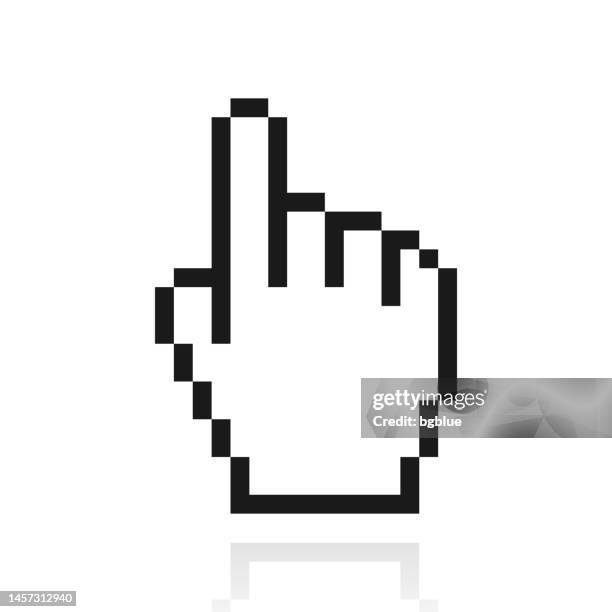 pixel-handcursor. symbol mit reflexion auf weißem hintergrund - antippen stock-grafiken, -clipart, -cartoons und -symbole
