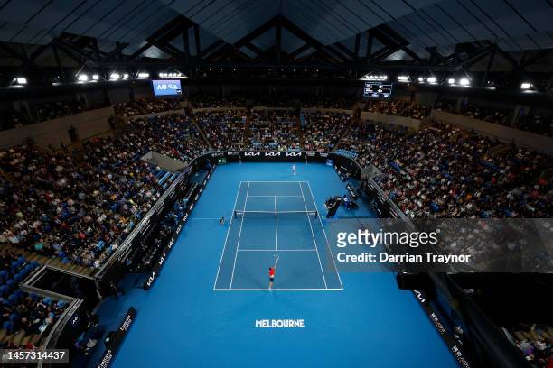 General view of Margaret Court Arena during the round two singles match between John Millman of Australia and Daniil Medvedev during day three of the...