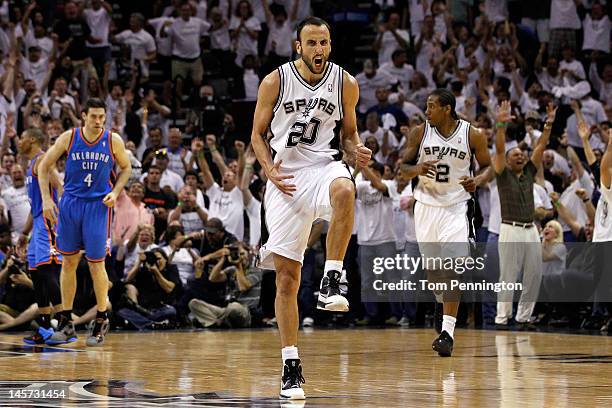 Manu Ginobili of the San Antonio Spurs reacts after hitting three pointer in the third period against the Oklahoma City Thunder in Game Five of the...