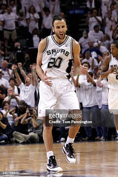 Manu Ginobili of the San Antonio Spurs reacts after hitting three pointer in the third period against the Oklahoma City Thunder in Game Five of the...