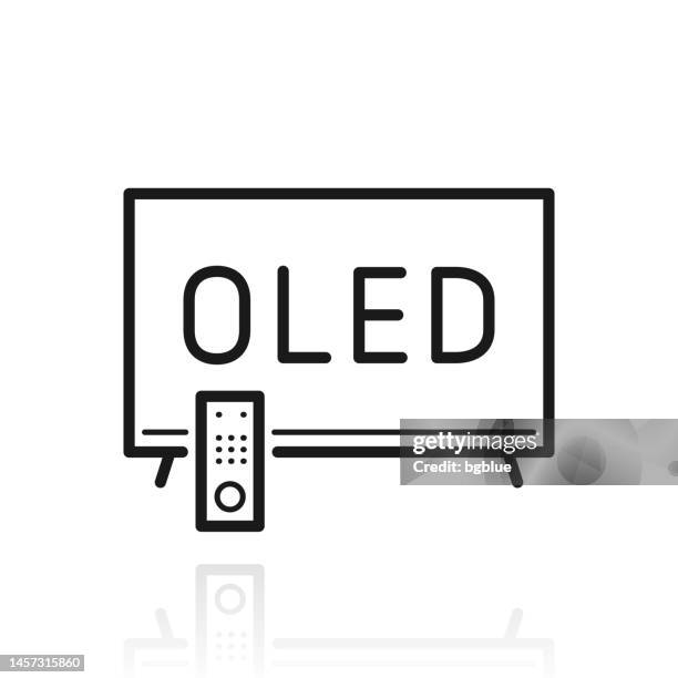 oled-fernseher. symbol mit reflexion auf weißem hintergrund - oled stock-grafiken, -clipart, -cartoons und -symbole