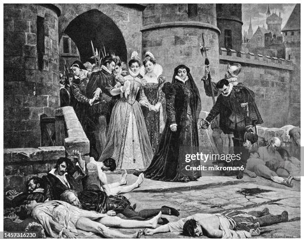 old engraved illustration of catherine de' medici emerging from the louvre palace to inspect a heap of bodies (st. bartholomew's day massacre) - march for science in germany stock pictures, royalty-free photos & images