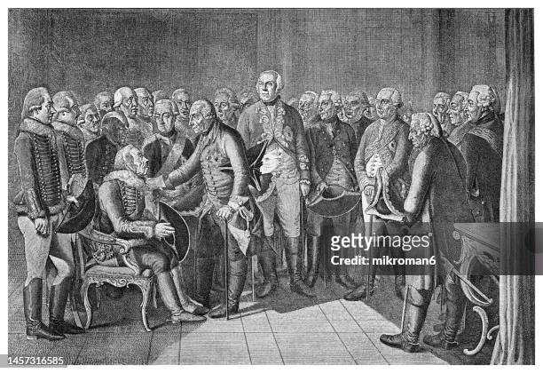 old engraved illustration of hans joachim von zieten (prussian general) sits surrounded by many prussian officers in front of his king frederick the great - hans joachim von zieten stock pictures, royalty-free photos & images