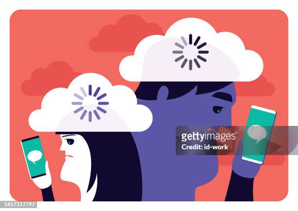 couple back to back looking at smartphones and waiting for data loading with clouds on head - slow internet stock illustrations