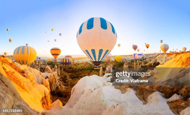 hot air balloons in cappadocia in the early morning at sunrise - cappadocia stock pictures, royalty-free photos & images