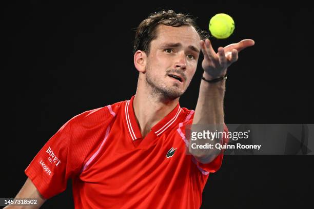 Daniil Medvedev serves in their round two singles match against John Millman of Australia during day three of the 2023 Australian Open at Melbourne...