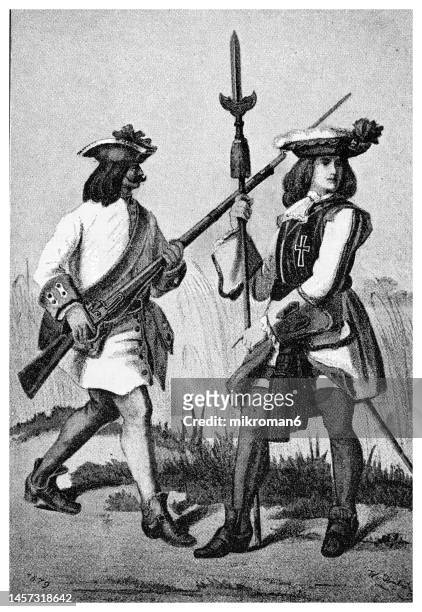 old engraved illustration of austrian soldiers in infantry uniforms from 1710 - musketeer and officer - bayonet stock pictures, royalty-free photos & images