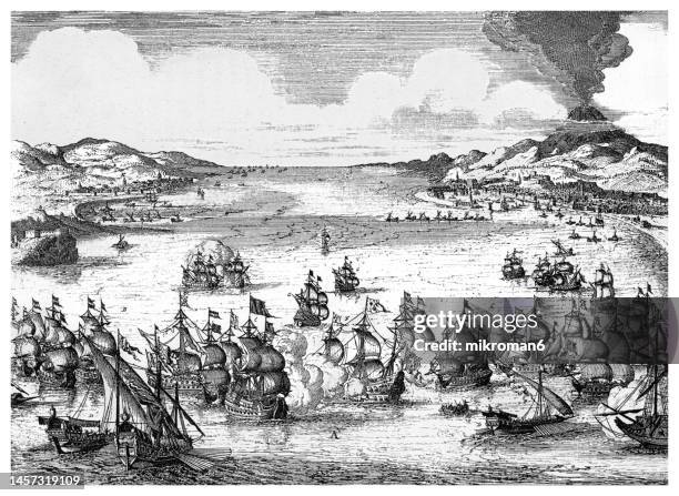 old engraved illustration of naval battle of catania (22.4.1676) - franco-dutch war - ship on fire stock pictures, royalty-free photos & images