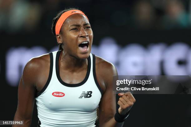 Coco Gauff of the United States reacts in their round two singles match against Emma Raducanu of Great Britain during day three of the 2023...