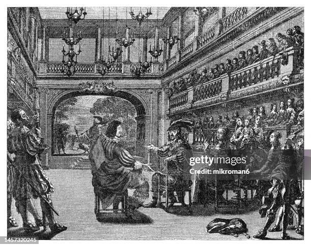 old engraved illustration of louis xiii and his court, evening meeting - food court stock-fotos und bilder