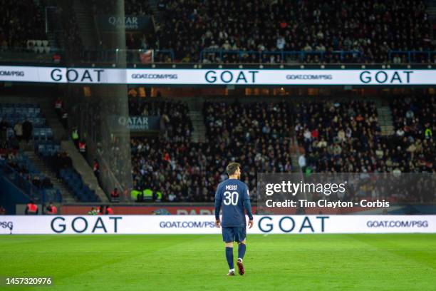 January 11: Lionel Messi of Paris Saint-Germain as GOAT advertising is displayed around the ground during the Paris Saint-Germain V Angers, French...