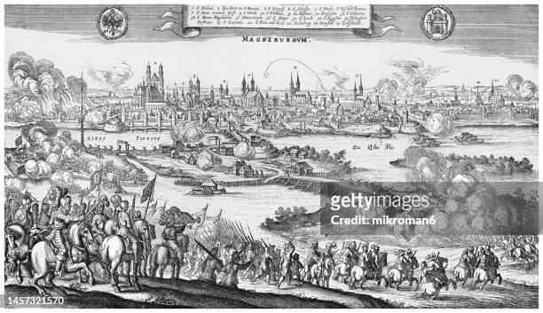 old engraved illustration of a scene of the storming of magdeburg (november 1630 until 20 may 1631) - magdeburg stock pictures, royalty-free photos & images