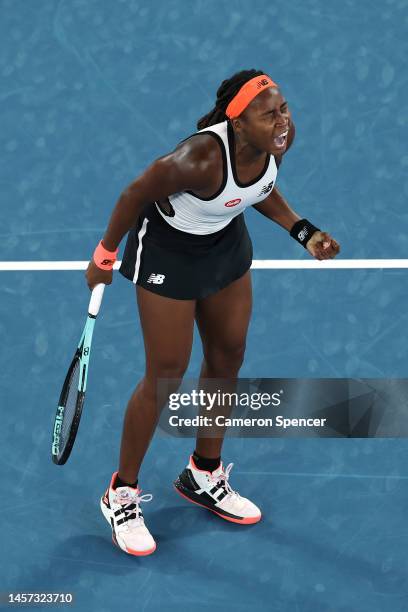 Coco Gauff of the United States celebrates match point in their round two singles match against Emma Raducanu of Great Britain during day three of...